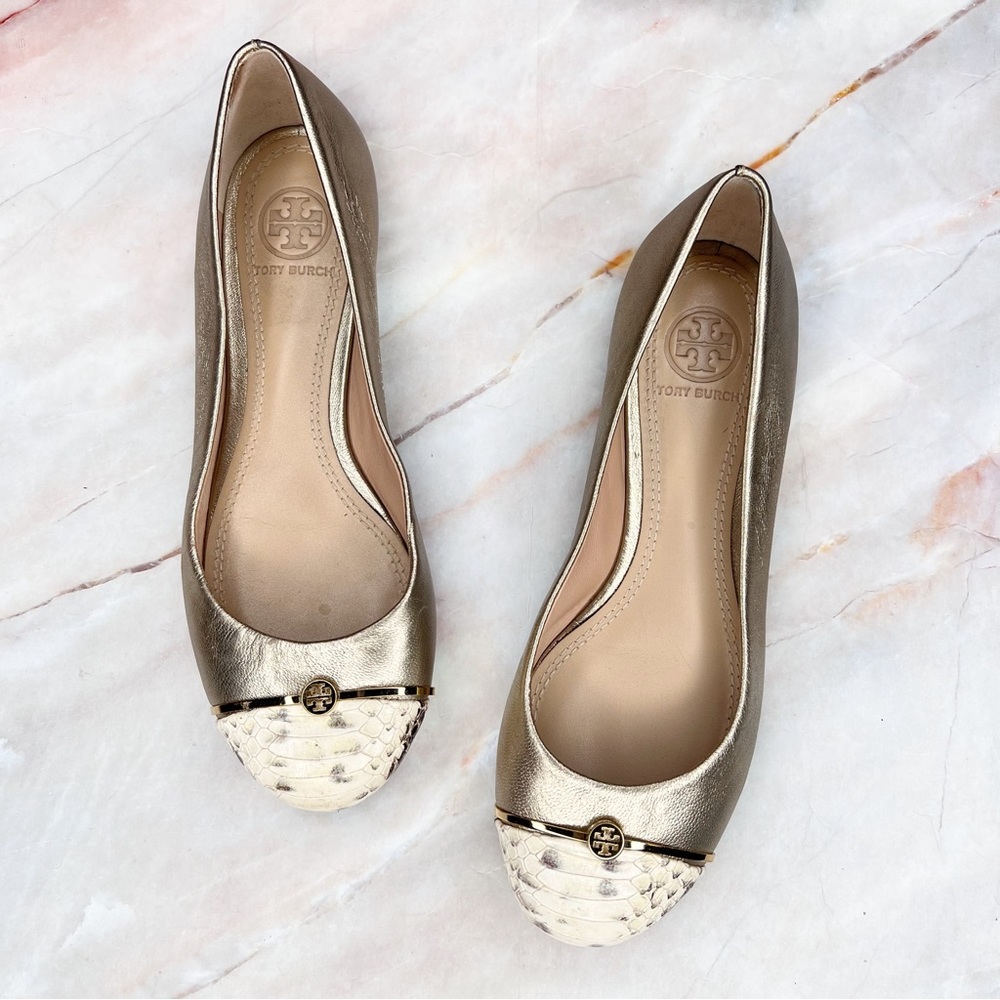Tory Burch Pacey Gold Metallic Snakeskin Cap Toe Flats Shoes 5.5